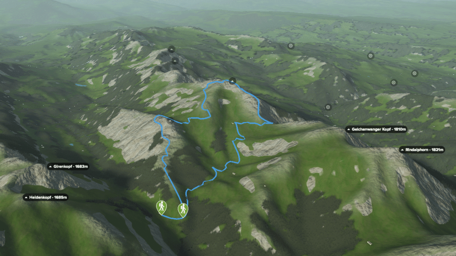 3D-Kartenausschnitt der Tour auf den Hochgrat in den Allgäuer Alpen