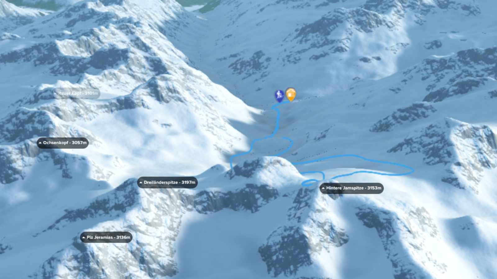 3D-Kartenausschnitt der Skitour auf die Hintere Jamspitze in Tirol