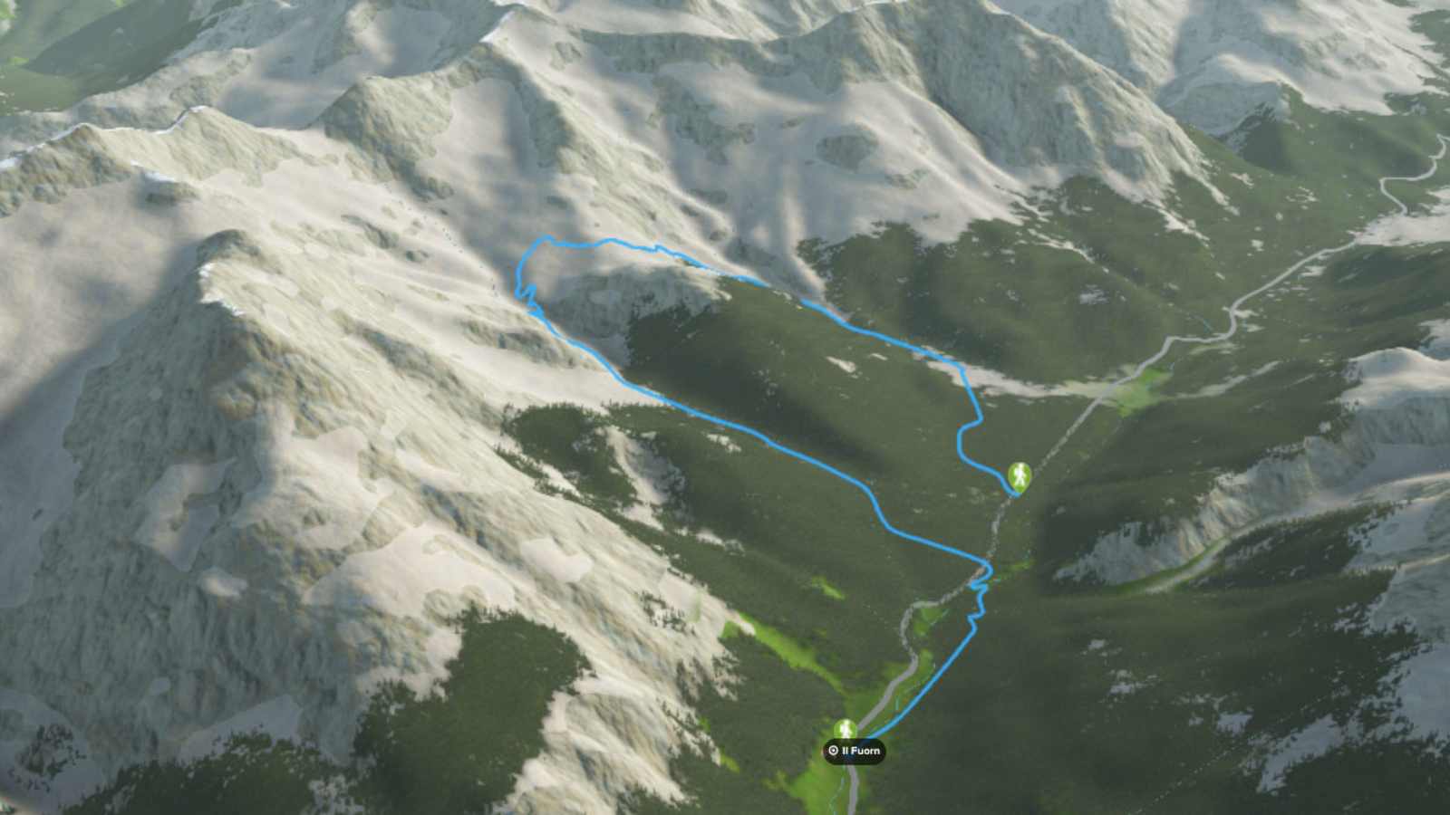 3D-Kartenausschnitt der Wanderung im Schweizerischen Nationalpark im Kanton Graubünden