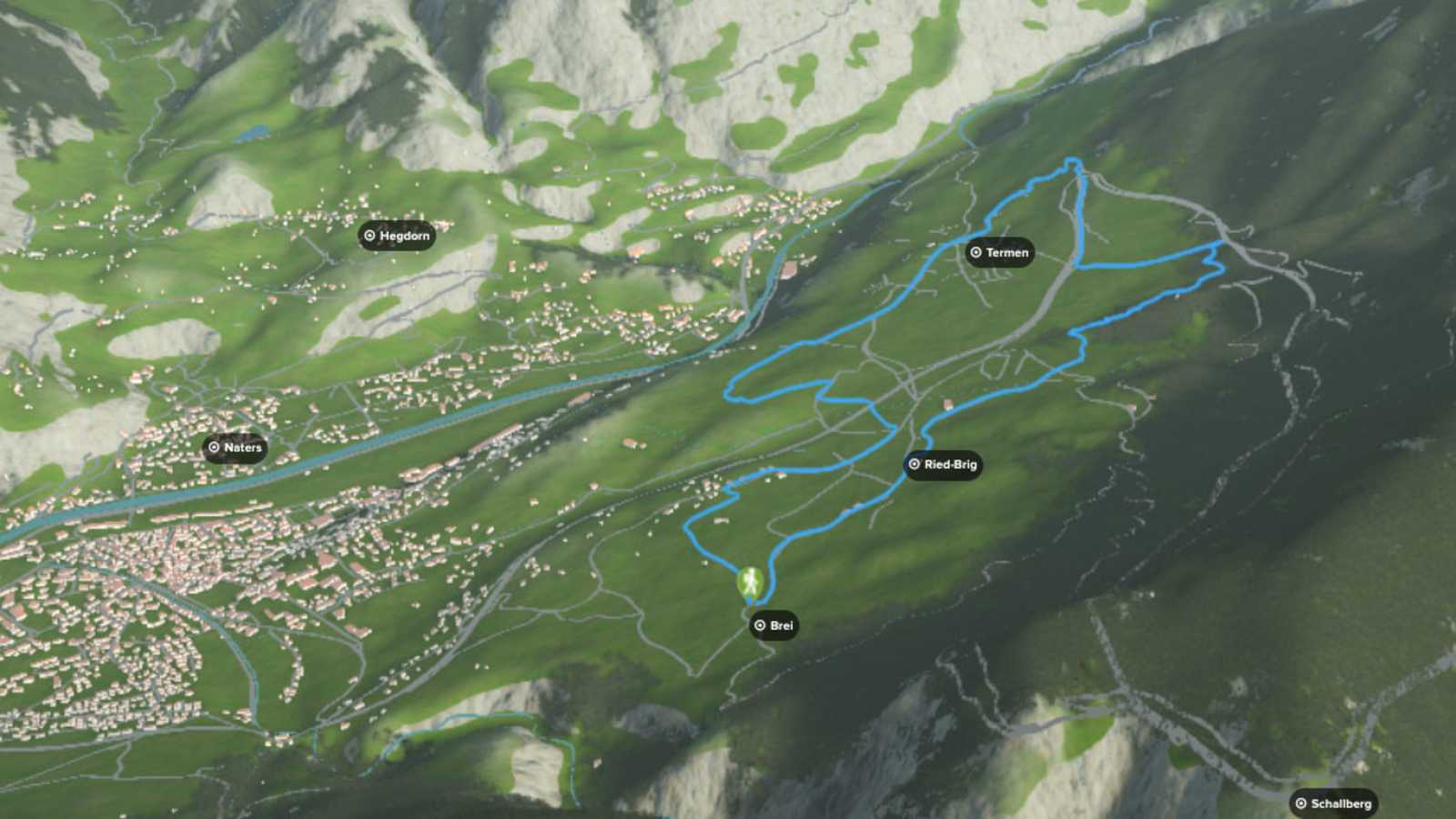 3D-Kartenausschnitt des Rundwegs am Brigerberg im Kanton Wallis