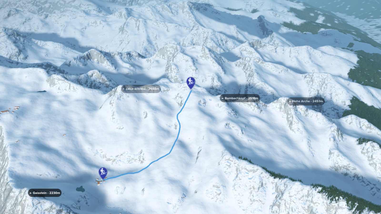 3D-Kartenausschnitt der Skitour auf den Tristkogel am Kitzsteinhorn in Salzburg