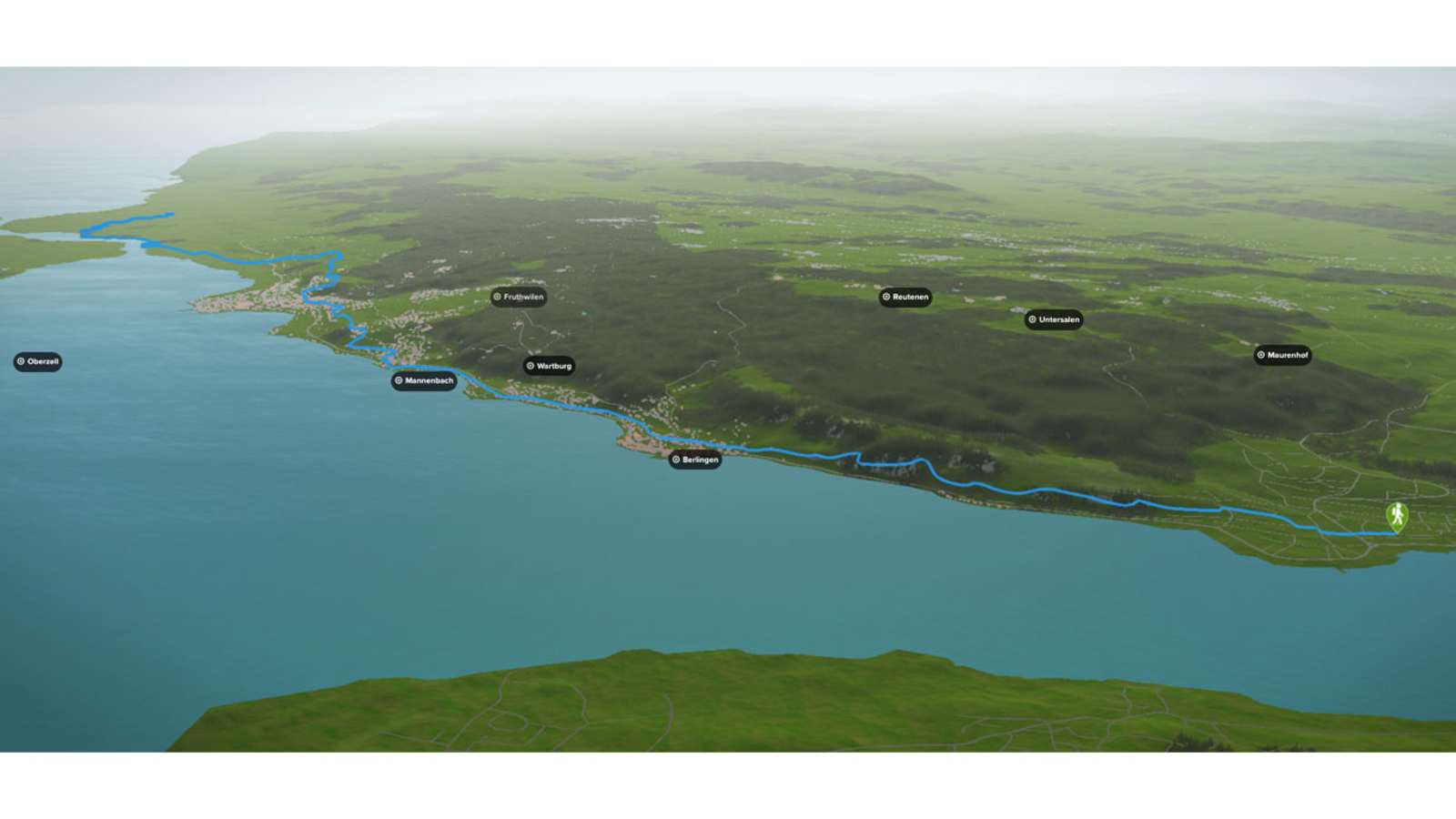 3D-Kartenausschnitt von Etappe 1 der ViaRhenana: Von Kreuzlingen nach Steckborn im Kanton Thurgau