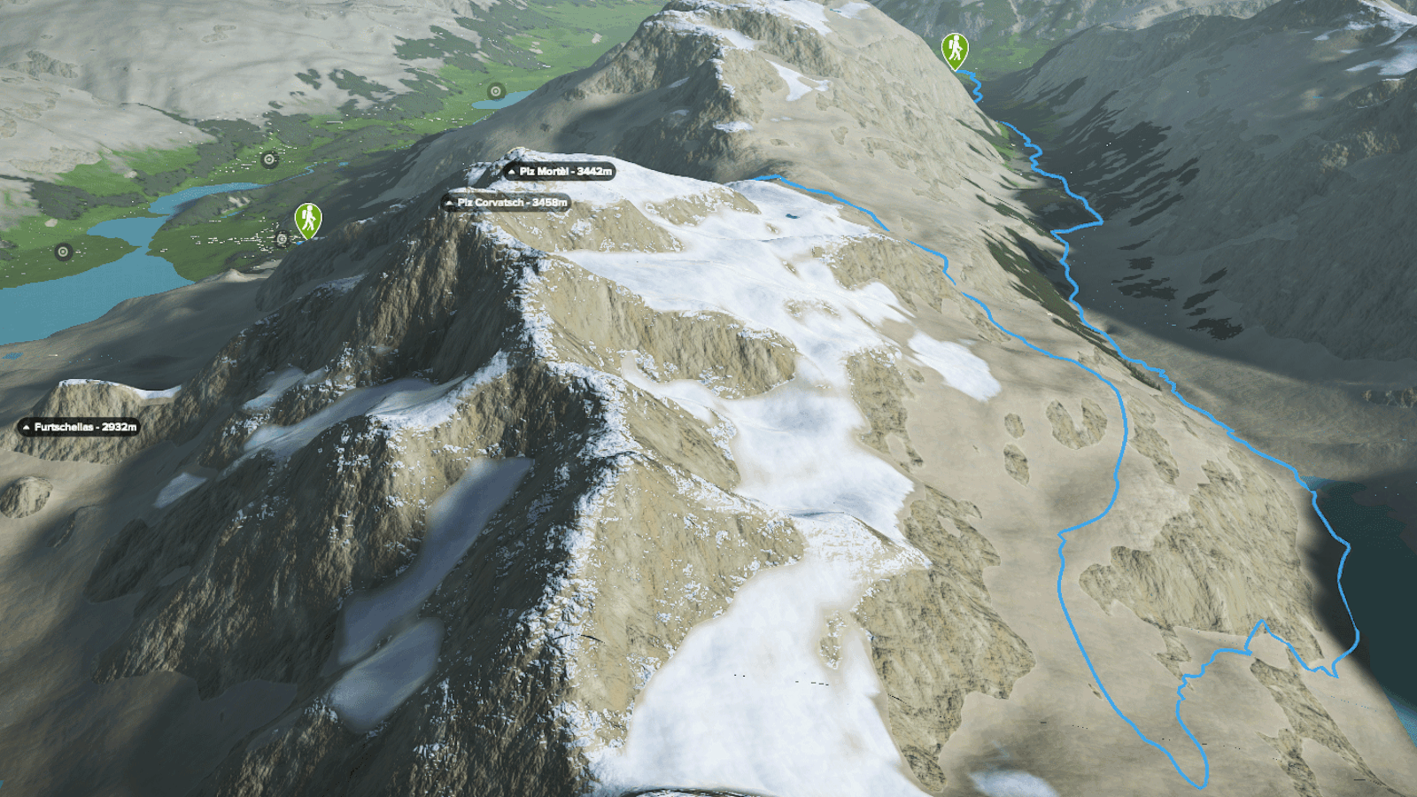 3D-Kartenausschnitt des Höhenwegs im Engadin im Kanton Graubünden