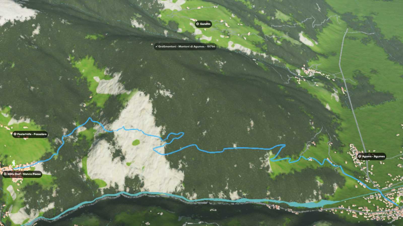 3D-Kartenausschnitt der Wanderung entlang des Archaikwegs in Südtirol