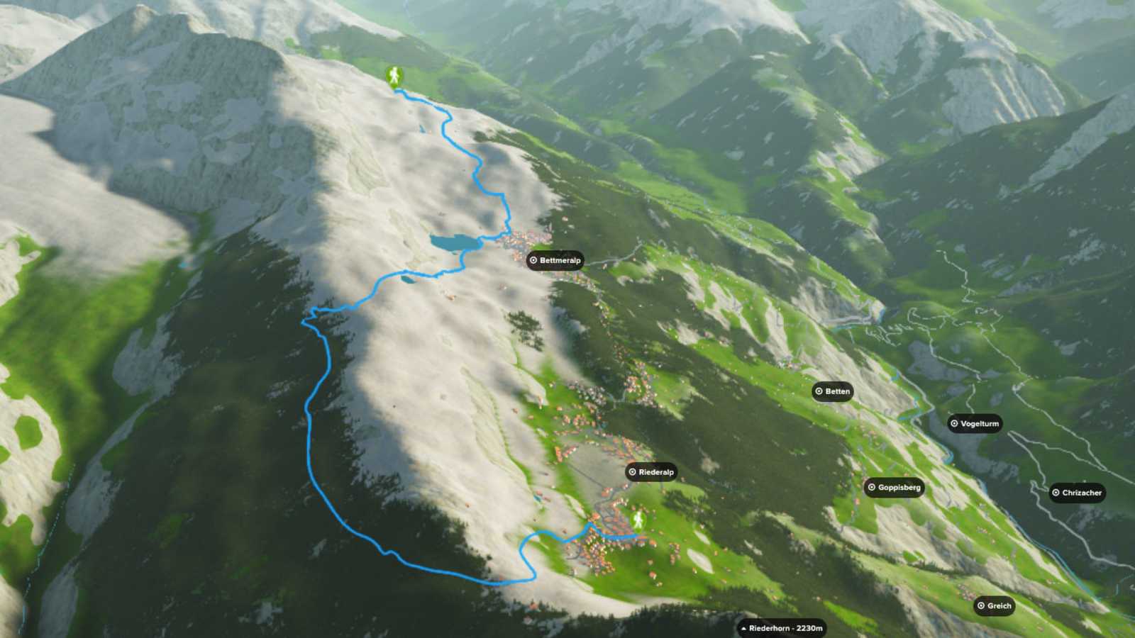 3D-Kartenausschnitt der Wanderung aus Fiescheralp nach Riederalp in den Berner Alpen im Wallis