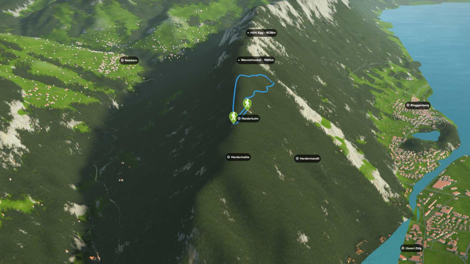 3D-Kartenausschnitt des Rundwegs am Harder Kulm bei Interlaken im Kanton Bern