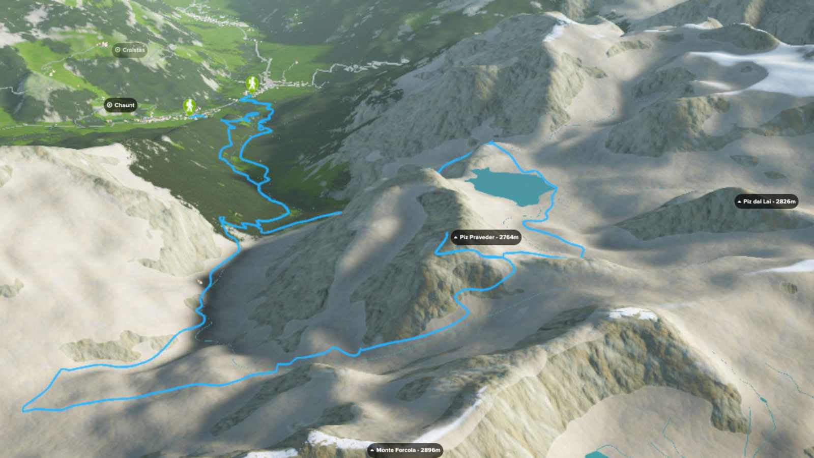 3D-Kartenausschnitt der Rundwanderung zum Bergsee Lai da Rims in Graubünden