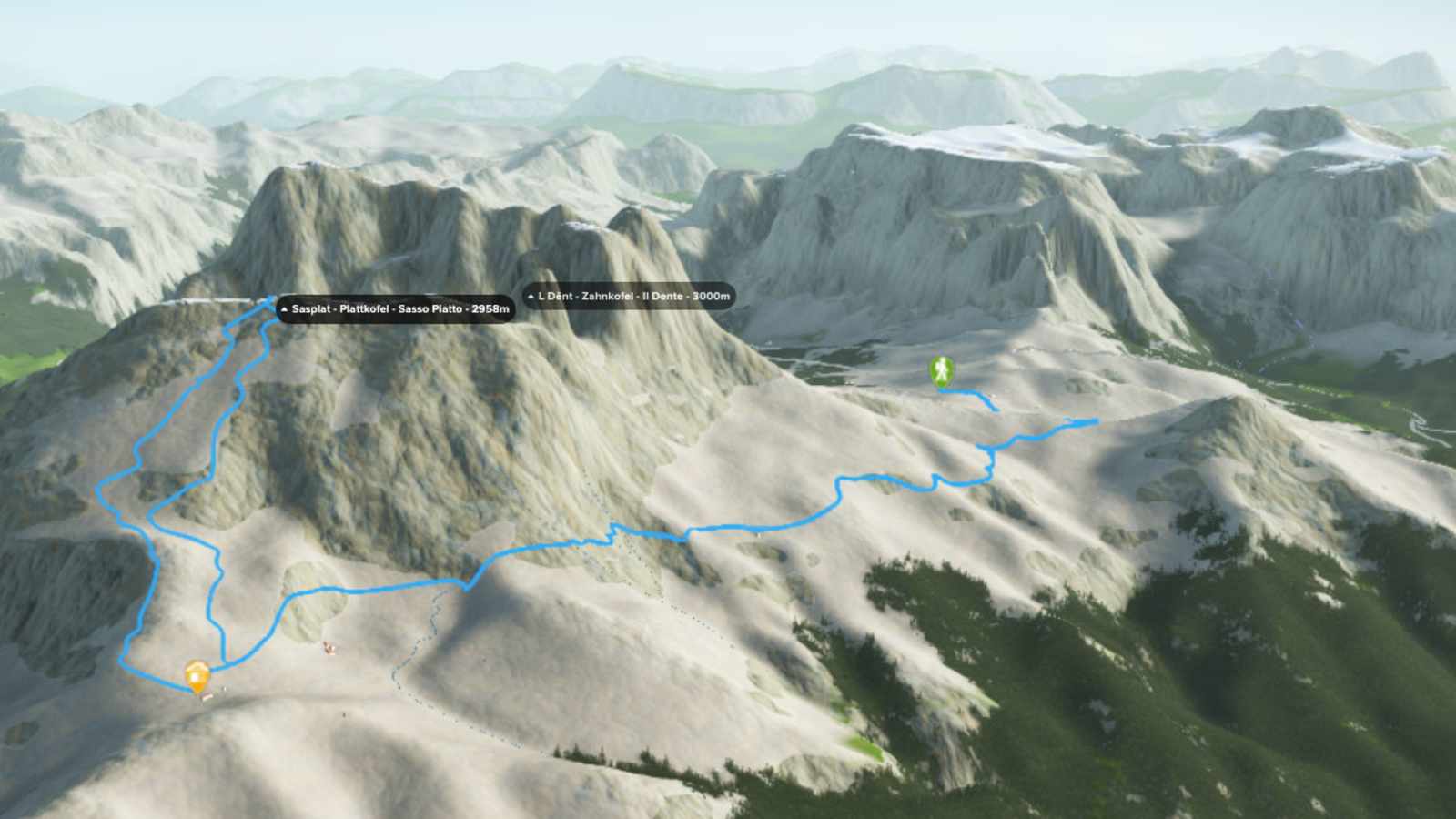 3D-Kartenausschnitt der Wanderung auf den Plattkofel in den Dolomiten