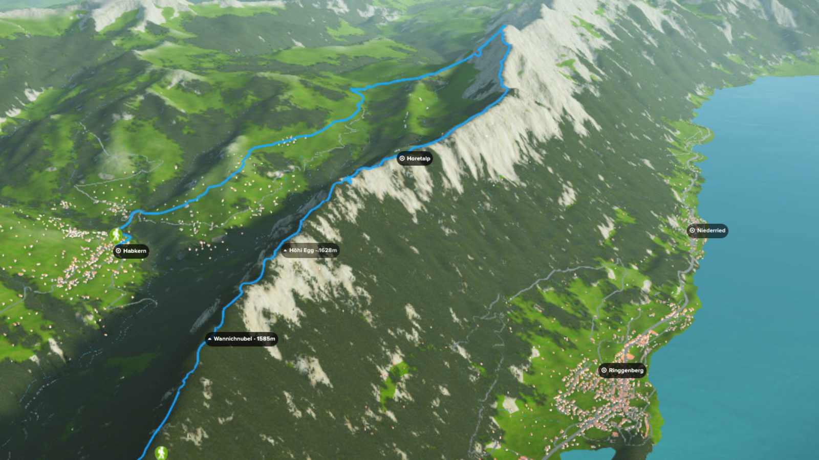 3D-Kartenausschnitt der Gratwanderung in den Emmentaler Alpen hoch über Interlaken im Kanton Bern