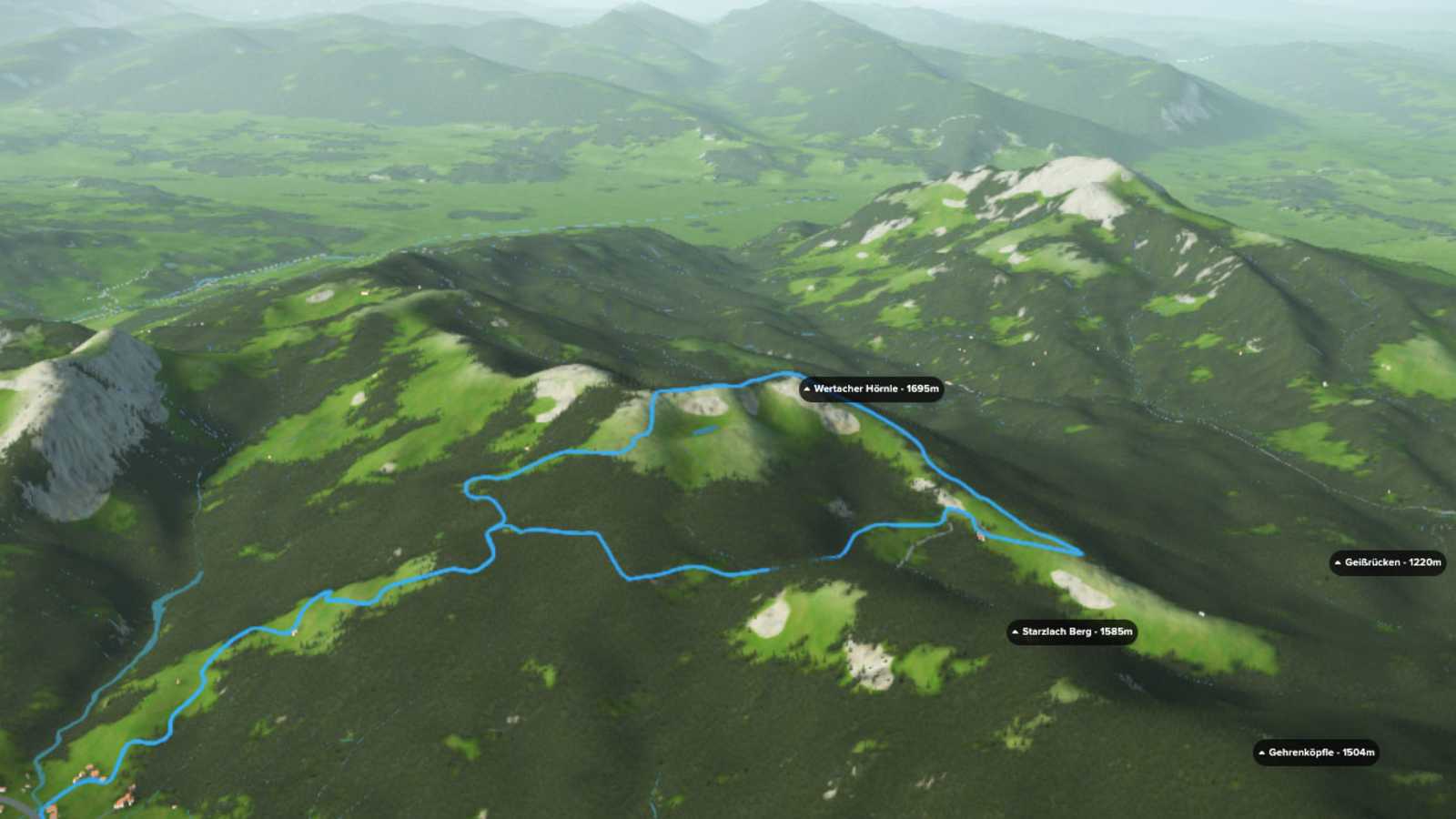 3D-Kartenausschnitt der Wanderung aufs Wertacher Hörnle in den Allgäuer Alpen in Bayern