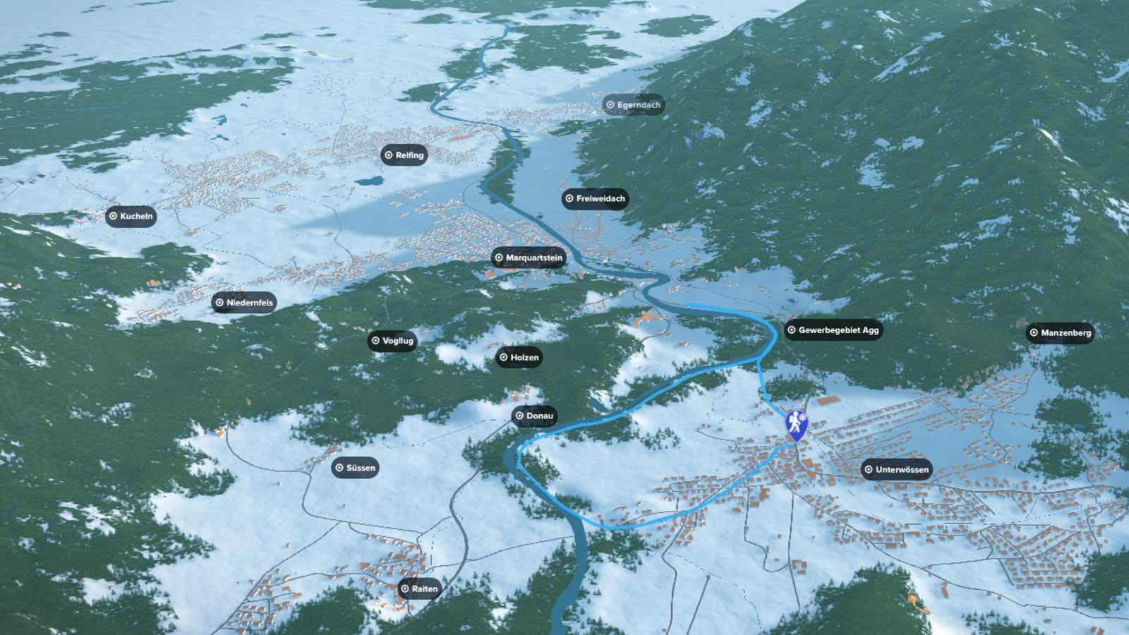 3D-Kartenausschnitt der Winterwanderung bei Unterwössen im oberbayerischen Landkreis Traunstein