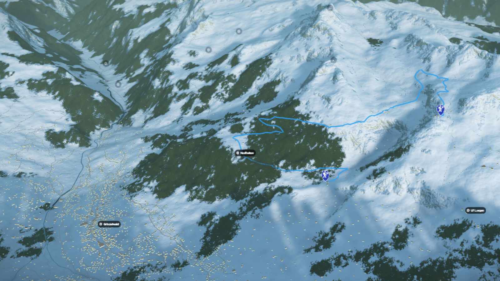 3D-Kartenausschnitt der Winterwanderung von der Bergstation First nach Bort in der Jungfrau-Region