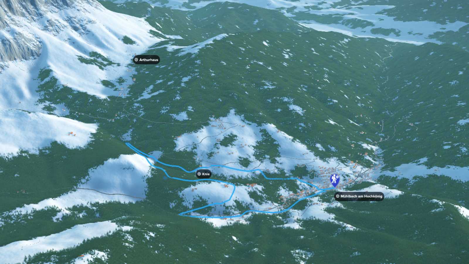 3D-Kartenausschnitt: Winterwanderweg Vierawasch bei Mühlbach am Hochkönig in Salzburg