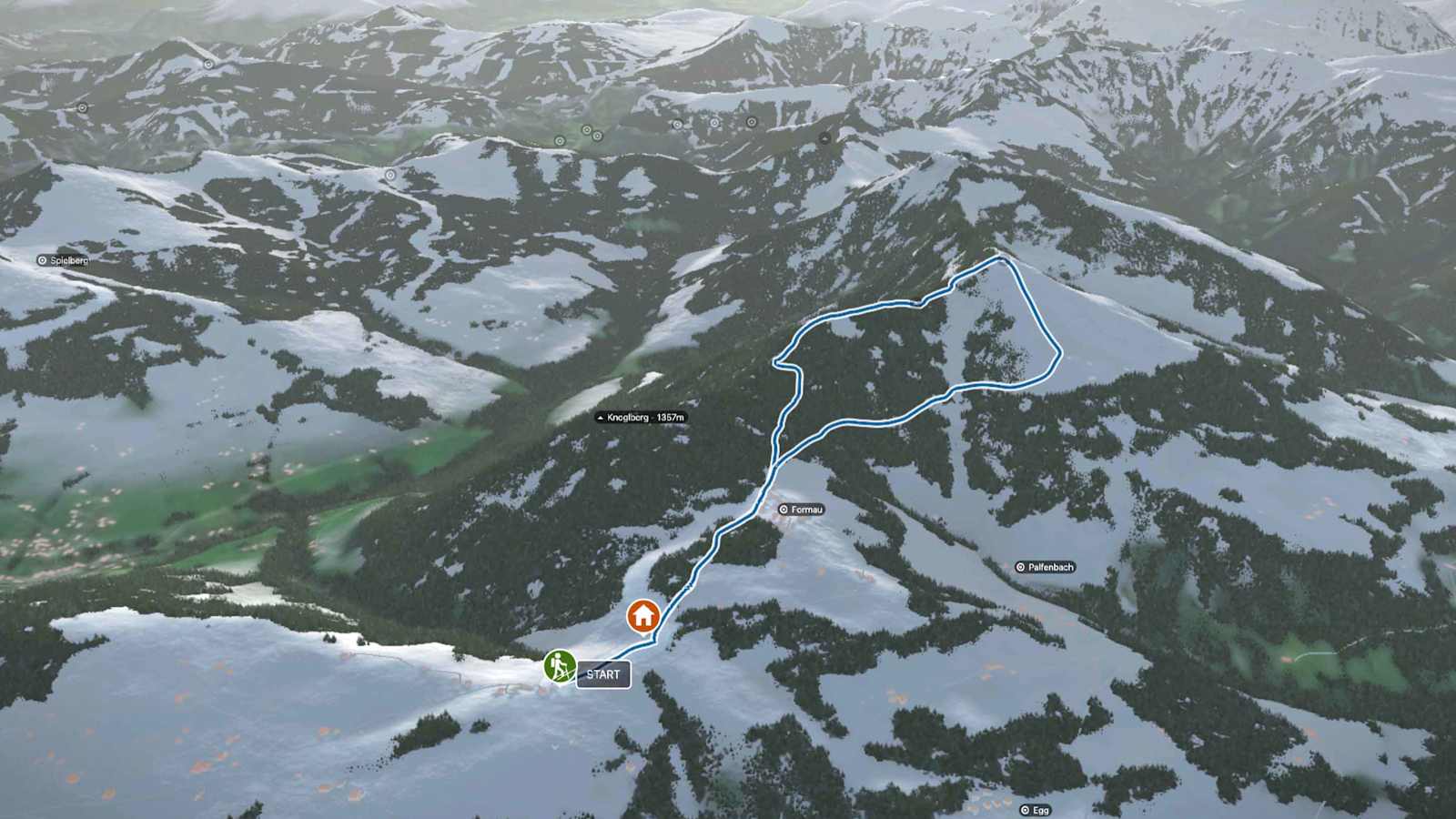 3D-Kartenausschnitt der Skitour auf den Schlenken (1.648 m) nahe der Stadt Salzburg