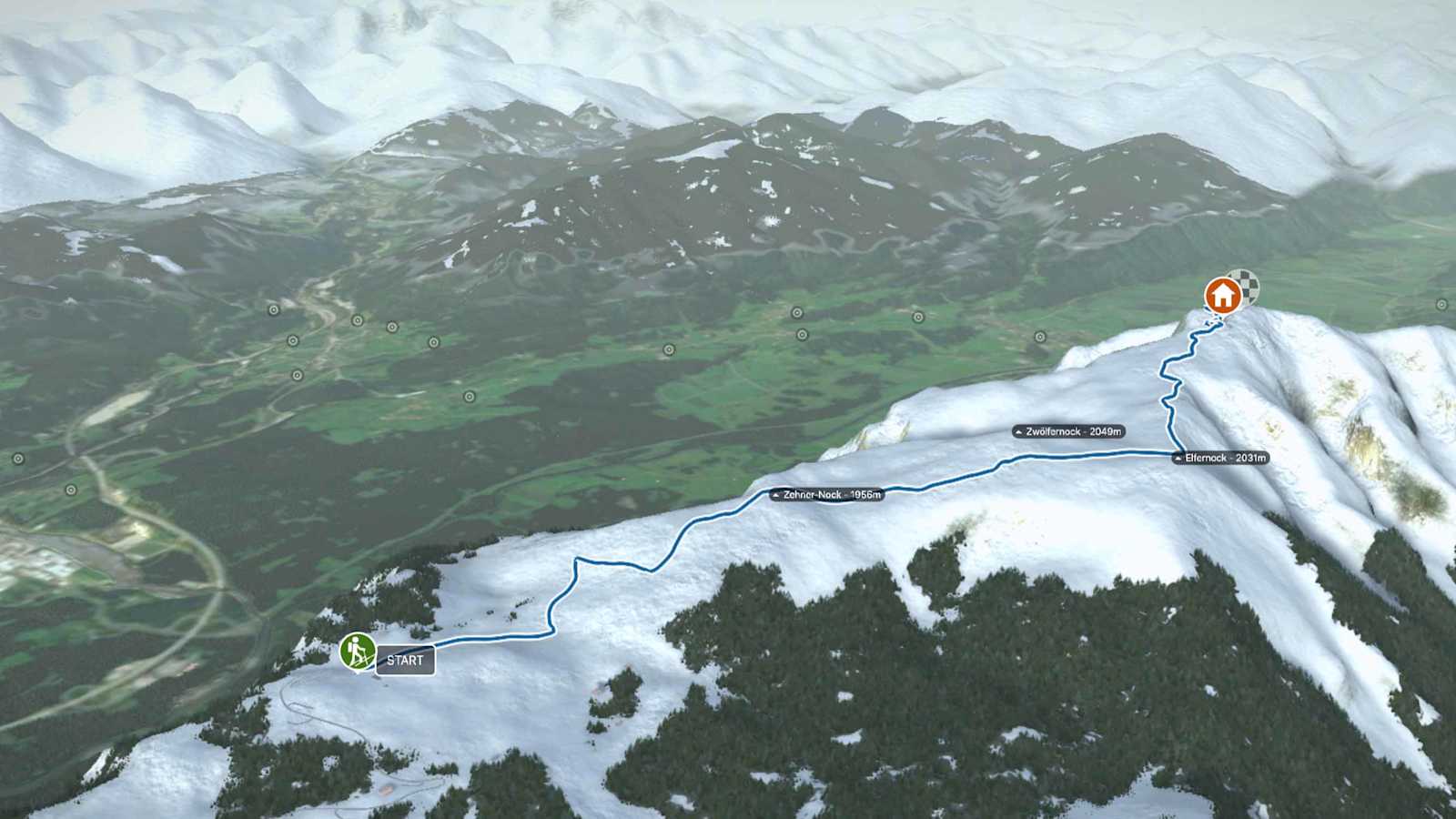 3D-Kartenausschnitt der Skitour auf den Dobratsch in den Gailtaler Alpen, Kärnten