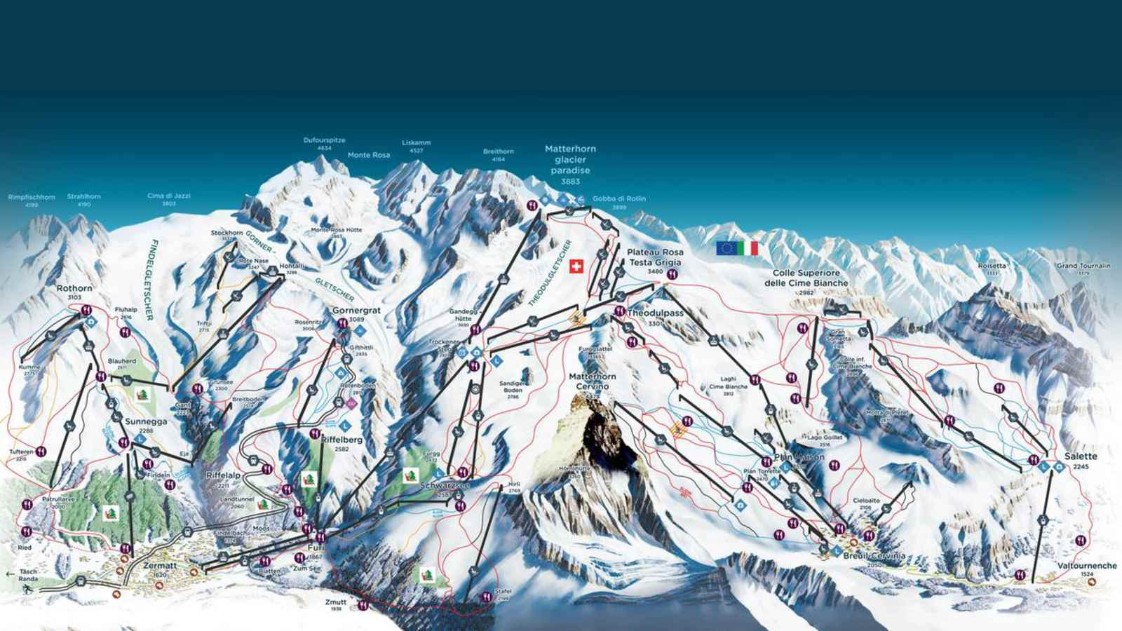 Pistenplan: Skigebiet Zermatt in der Schweiz