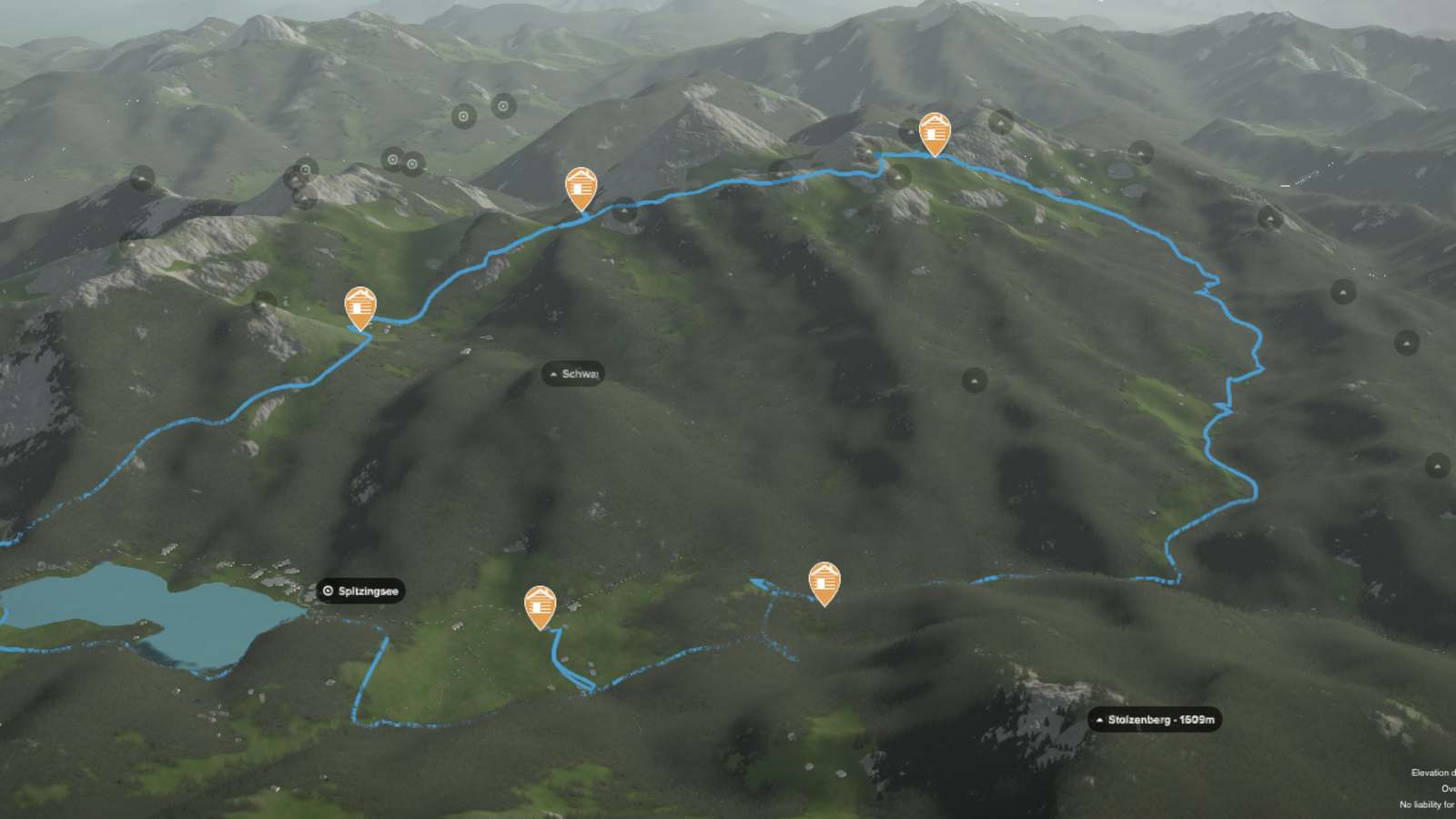 Rund um den Spitzingsee in den Bayerischen Voralpen: 3D-Kartenausschnitt der Gesamtstrecke