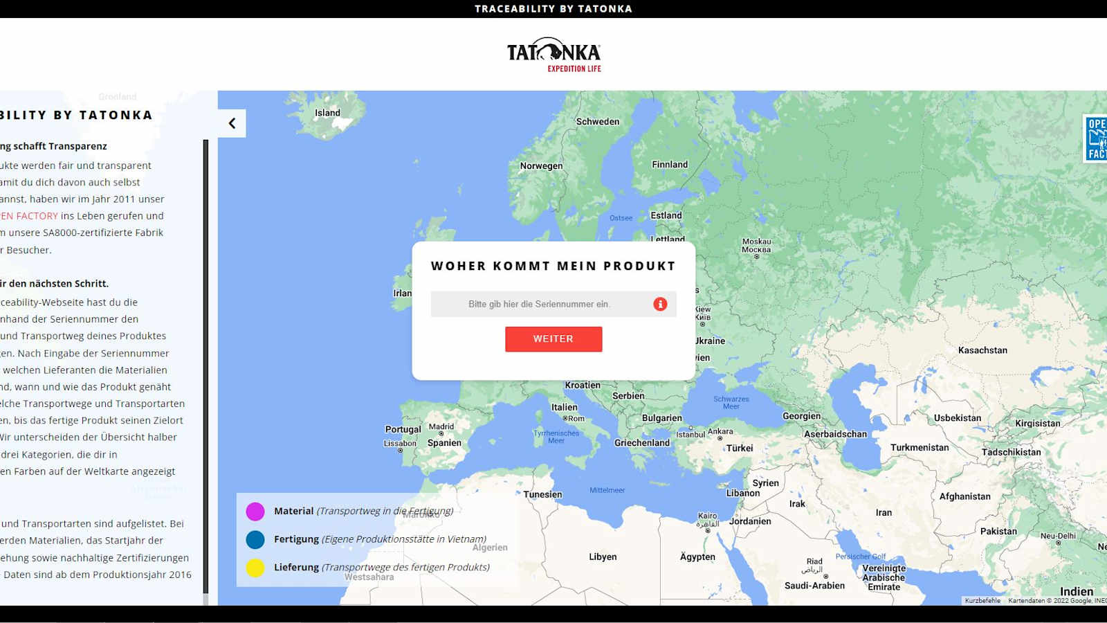 Auf der Traceability-Webseite kannst du anhand der Seriennummer den Herstellungs- und Transportweg deines Rucksacks nachverfolgen. 