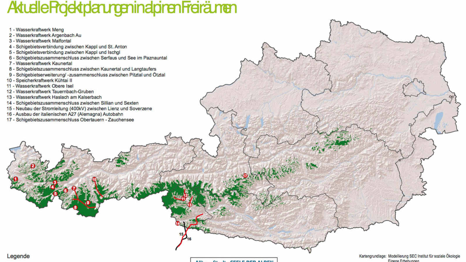 Karte: Aktuelle Projektpläne in alpinen Freiräumen in Österreich