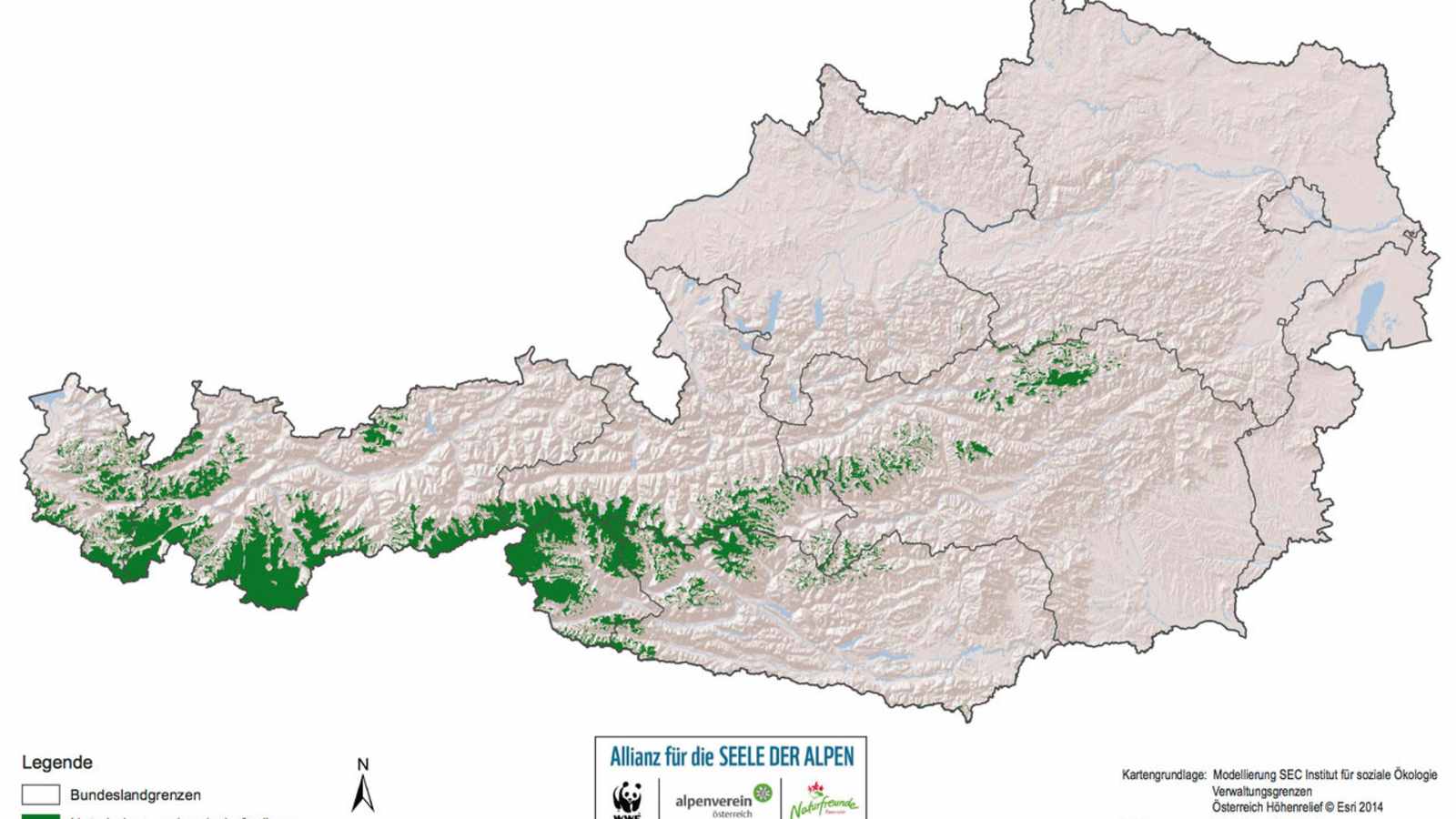 Karte: Naturbelassene Landschaftsräume in Österreich