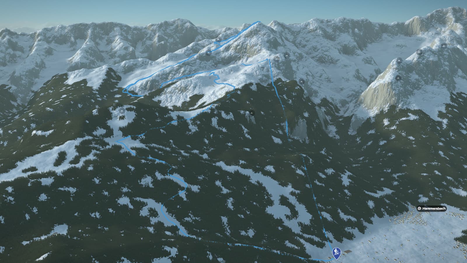 3D-Kartenausschnitt der Skitour auf die Alpspitze über Garmisch Partenkirchen