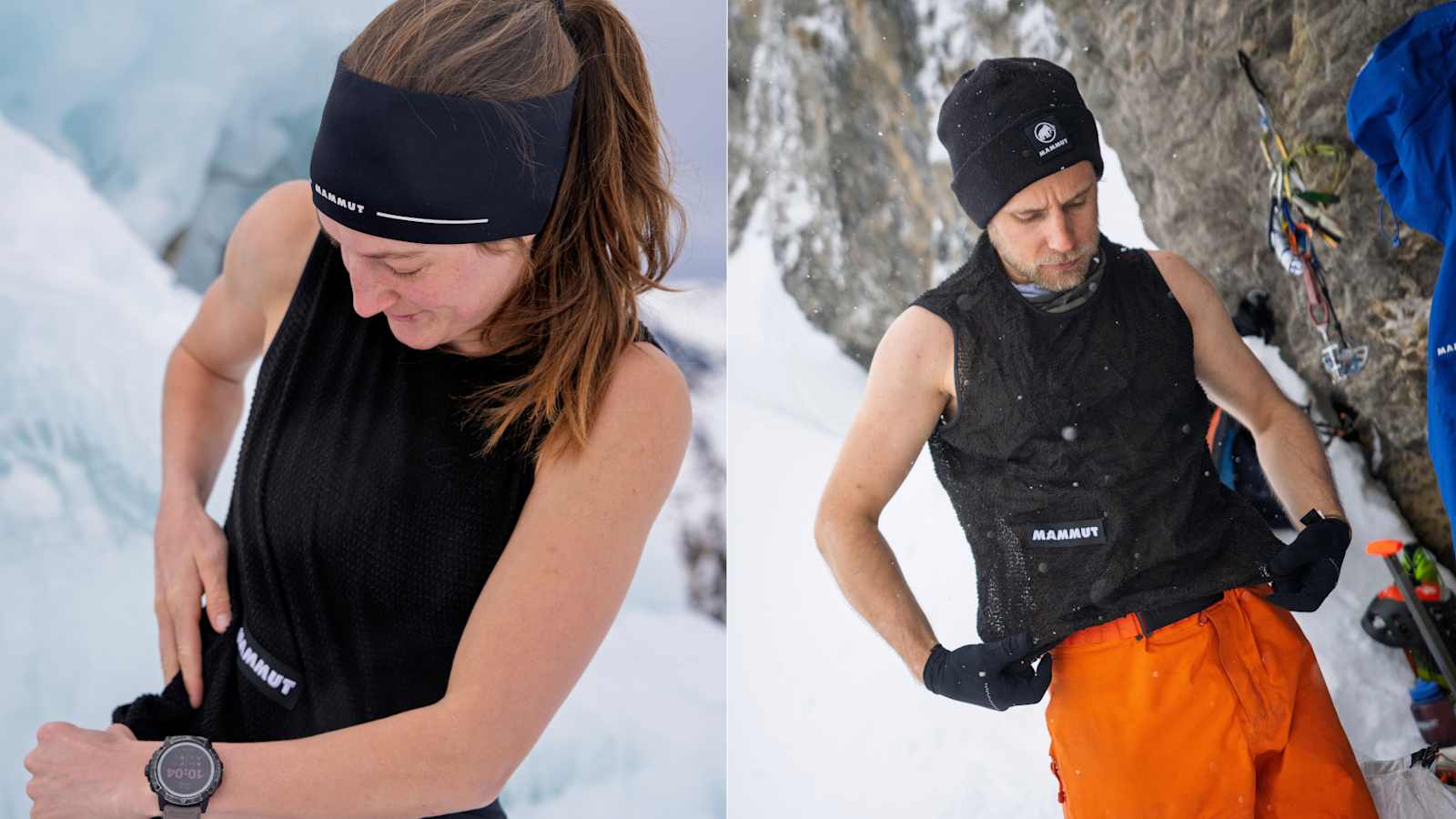 Eine Frau und ein Mann tragen die Eiger Nordwand FL Air Mesh Vest, der neuen Mammut-Kollektion.