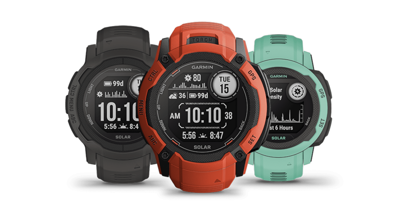 Eine Uhr smarter als die andere: Die Instinct 2 Solar, die Instinct 2X Solar und die Instinct 2S Solar punkten nicht nur durch einen lässigen Style und viele Funktionen, sondern auch durch eine endlose Akkulaufzeit (v.l.n.r.).
