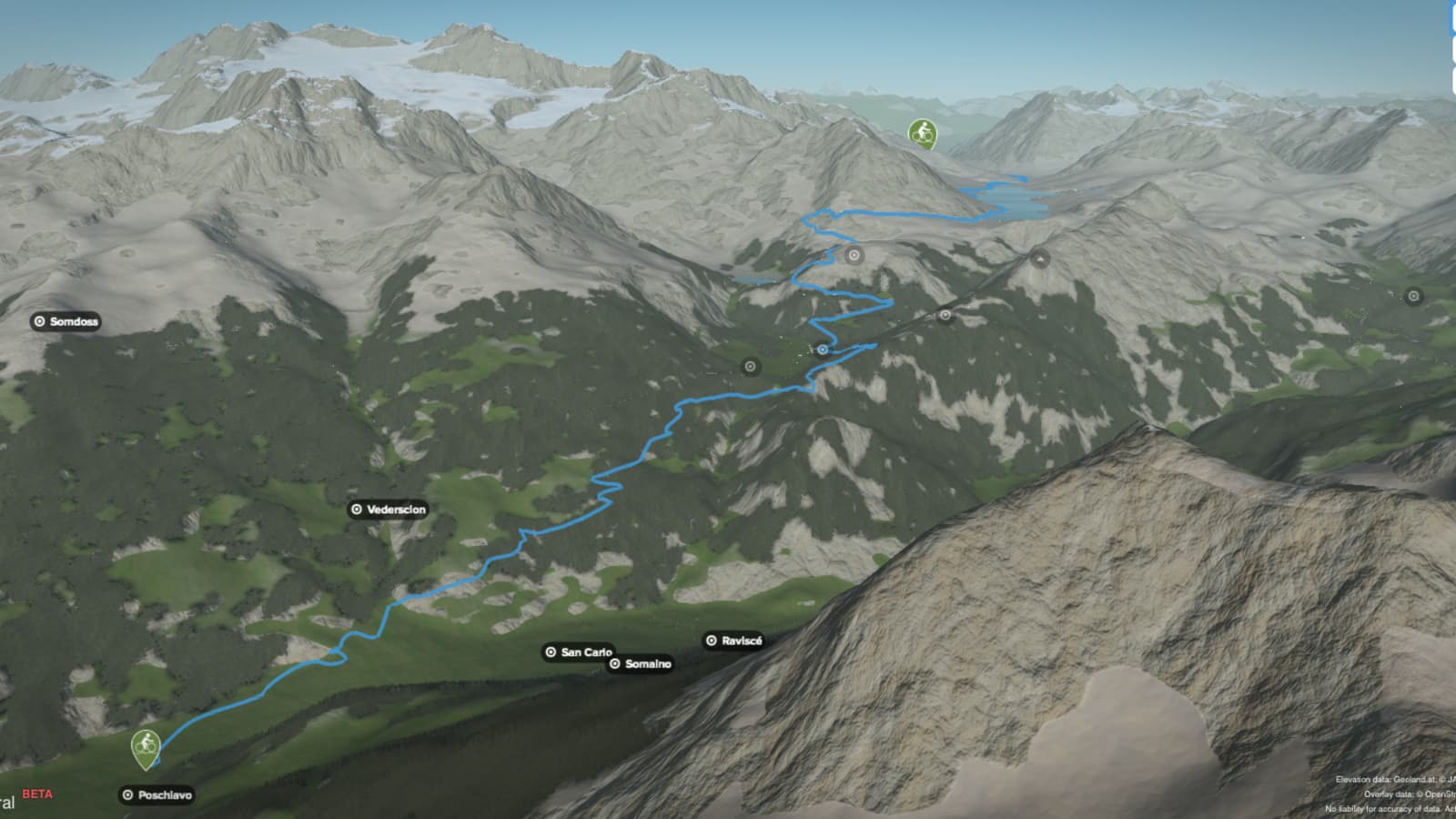 3D-Kartenausschnitt der Biketour Bernina Express