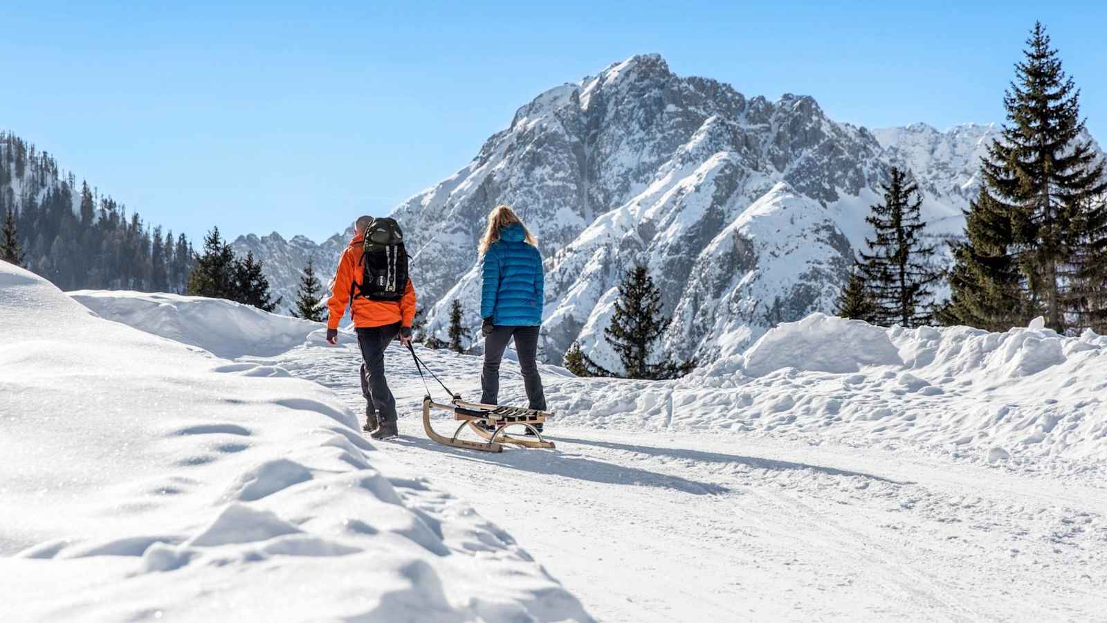 Zwei Rodler steigen auf zur Hütte