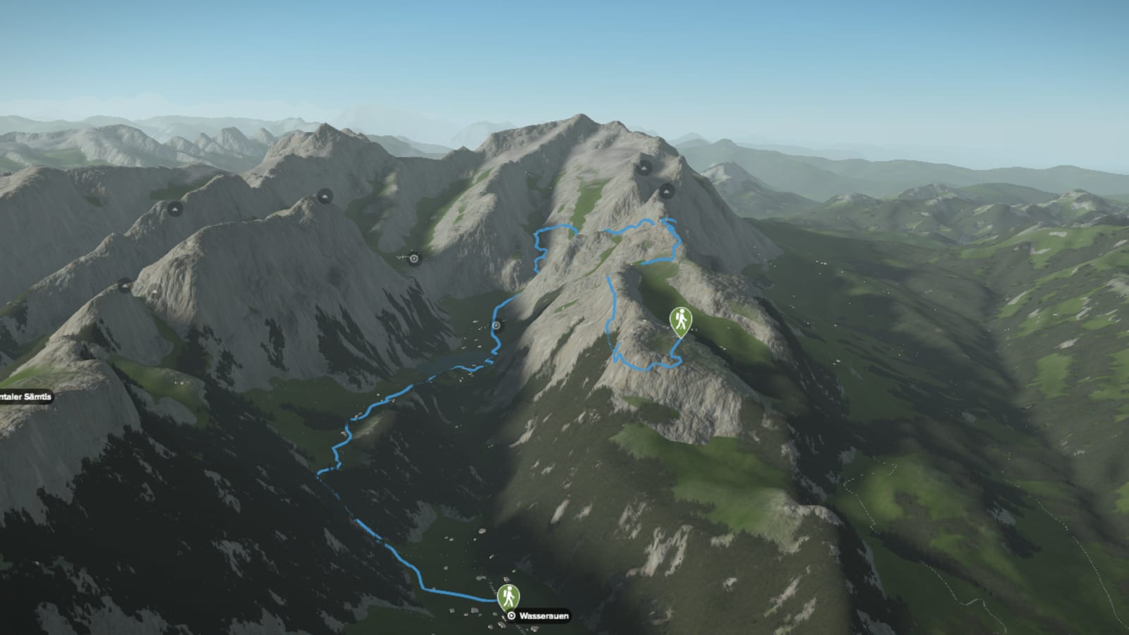 3D-Kartenausschnitt der Höhlenwanderung am Alpstein