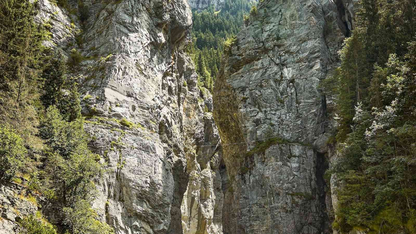 Eine Schlucht durch die ein Fluss führt.