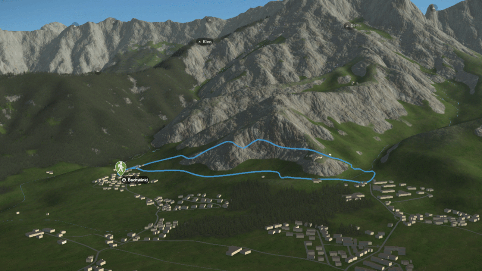 3D-Kartenausschnitt der stadtnahen Wanderung auf die Einsiedelei St. Georg am Palfen