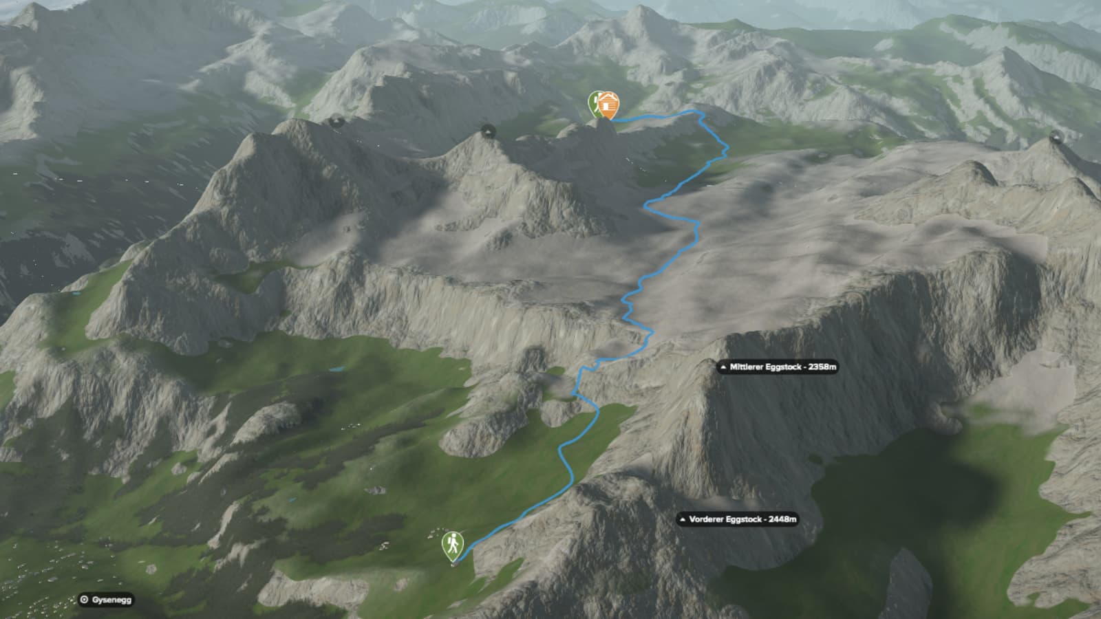 3D-Kartenausschnitt der Wanderung auf die Glattalphütte von Braunwald