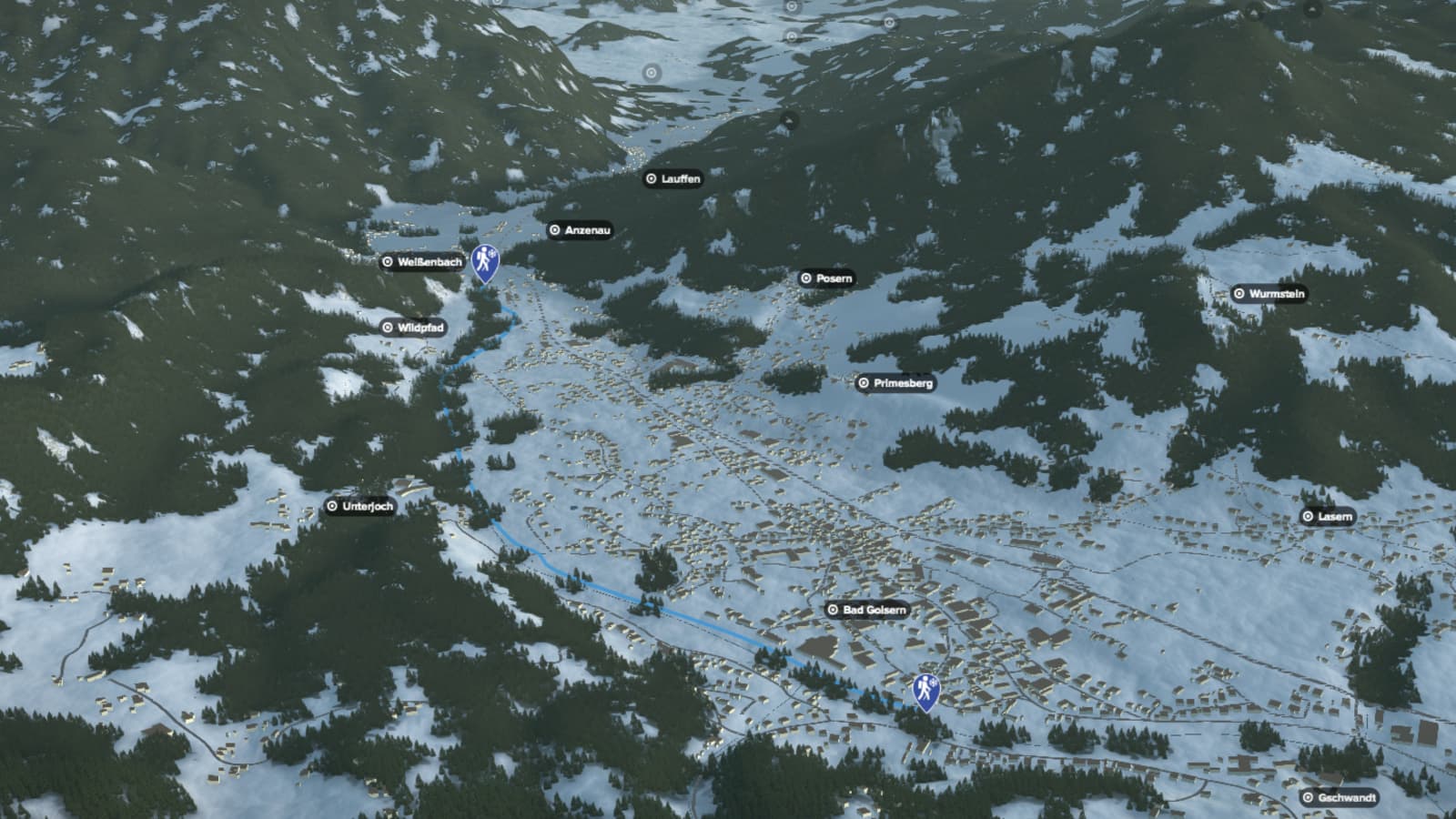 3D-Kartenausschnitt der Winterwanderung in Bad Goisern