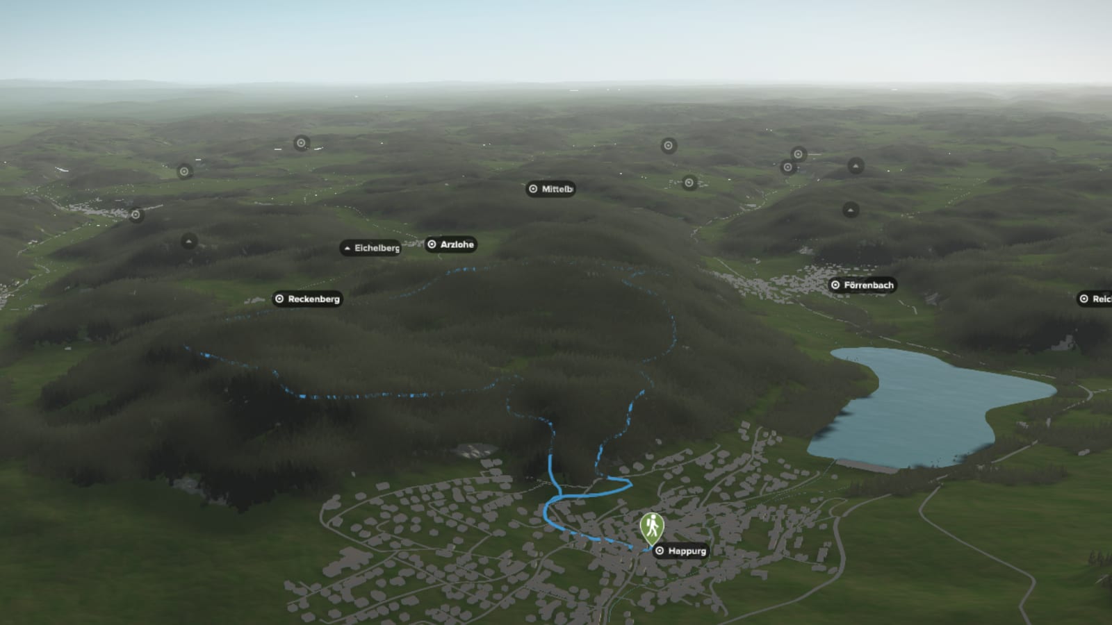 3D-Kartenausschnitt der stadtnahen Wanderung auf die Houbirg