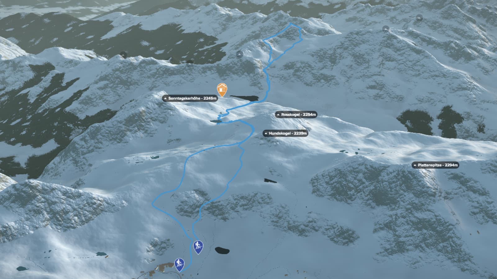 3D-Kartenausschnitt der Skitour auf die Steirische Kalkspitze