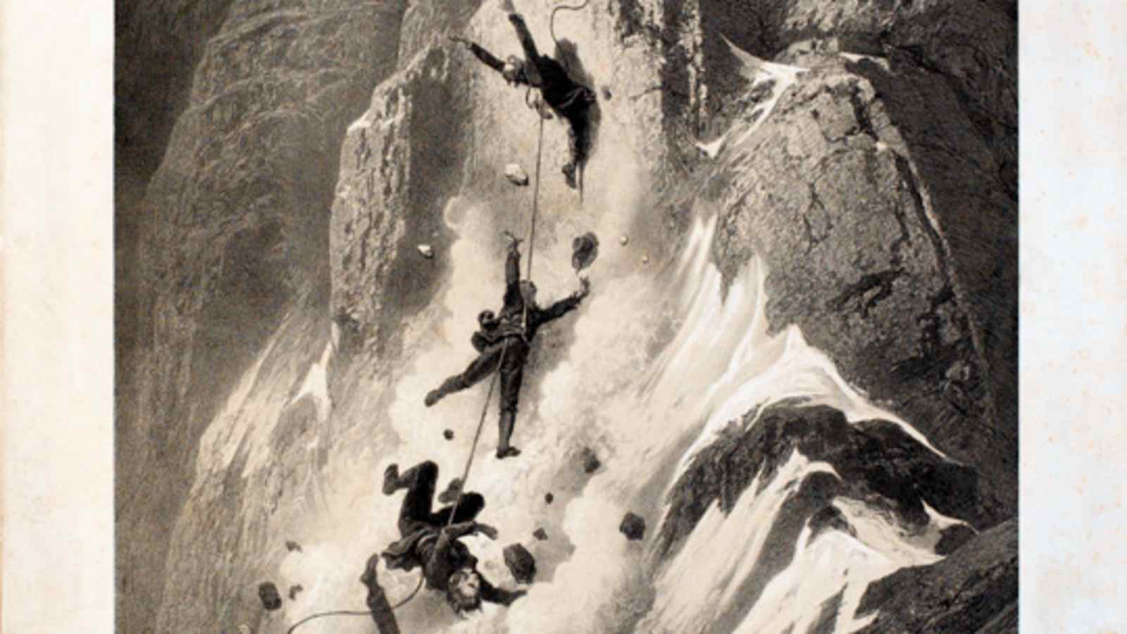 Nachdem Edward Whymper als erster den Gipfel des Matterhorn betreten hat, stürzt Robert Hadow im Abstieg auf den Führer Michel Croz und reisst Charles Hudson und Francis Douglas mit – das Seil der siebenköpfigen Seilschaft reißt, als Bergführer Peter Taugwalder Sen. versucht den Sturz zu halten; er sowie sein Sohn und Whymper überleben