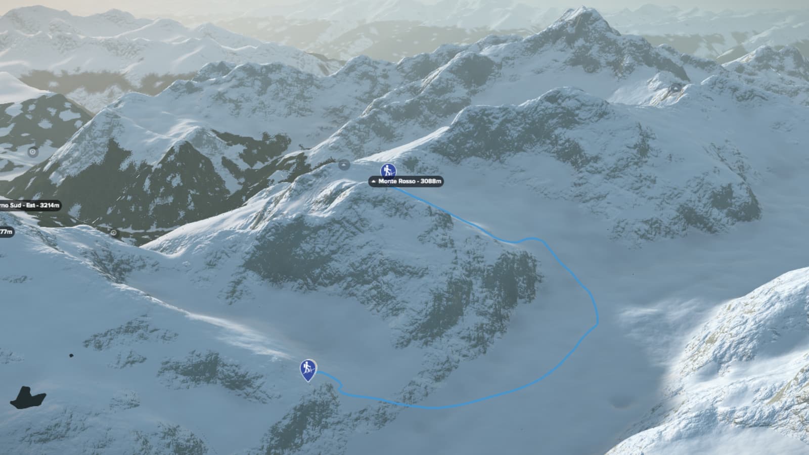 3D-Kartenausschnitt der Skihochtour auf den Monte Rosso in der Berninagruppe