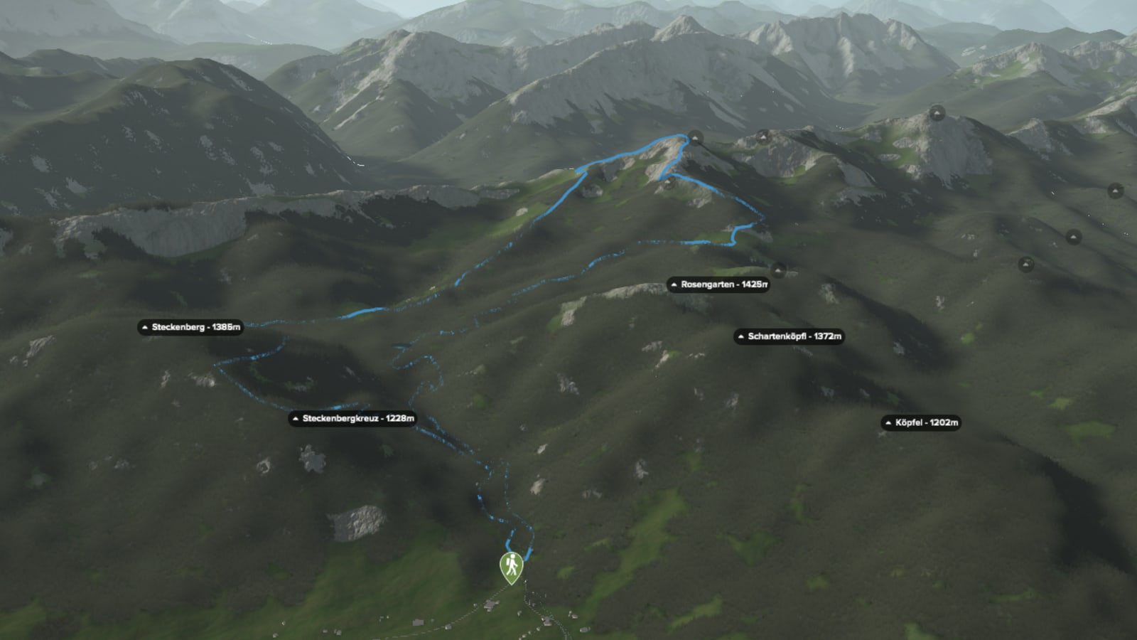 3D-Kartenausschnitt der Wanderung zum August-Schuster-Haus am Pürschling (1.566 m) in den Ammergauer Alpen