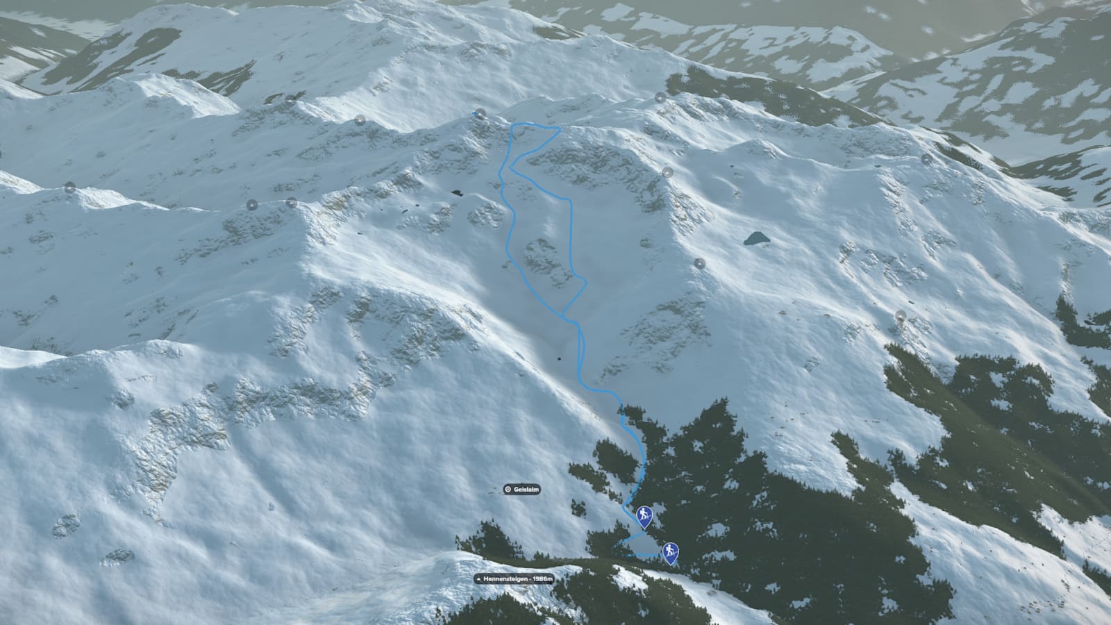 3D-Kartenausschnitt des Skitour auf den Rastkogel