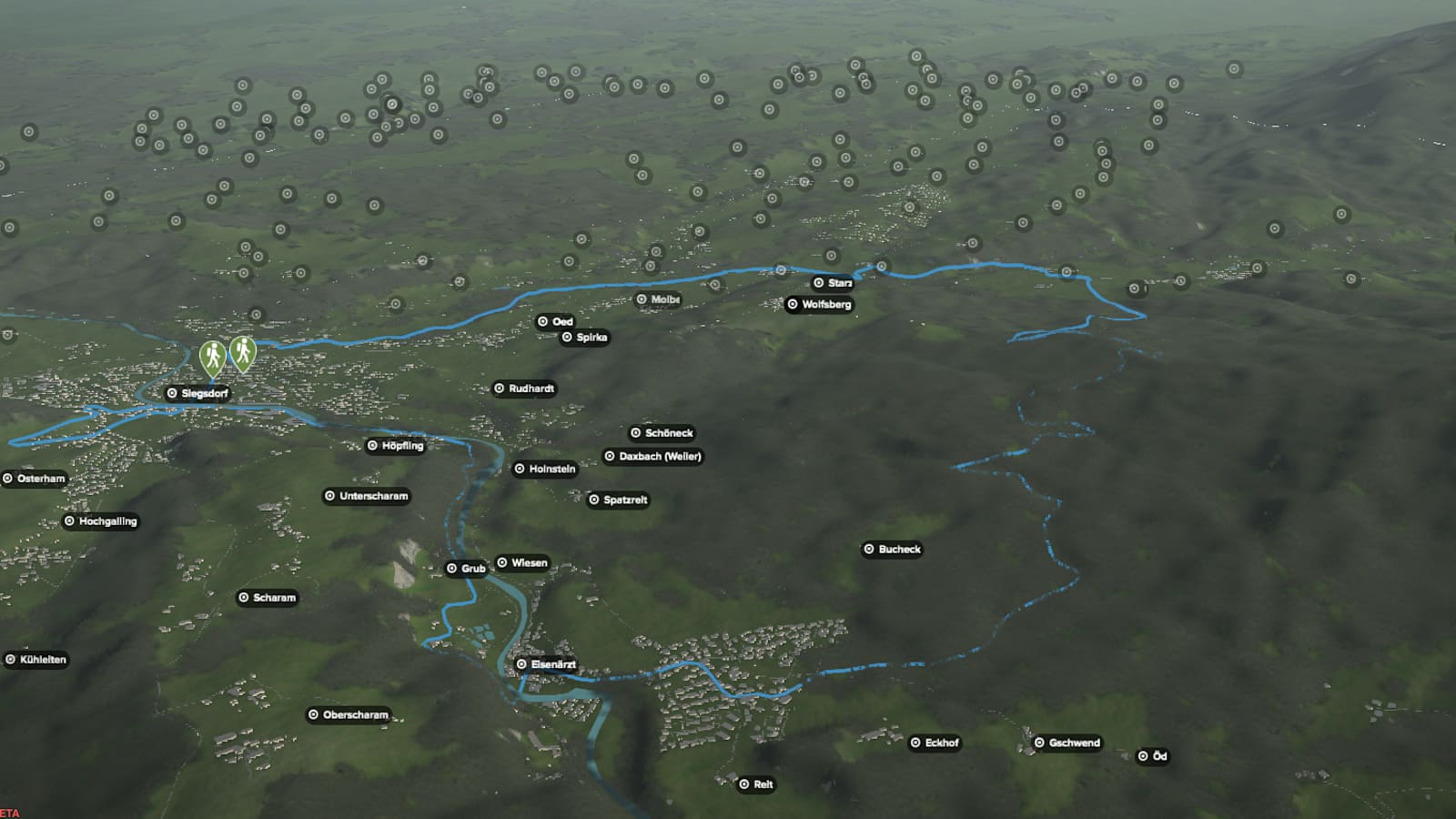 3D-Kartenausschnitt der Salinen-Rundwanderung bei Traunstein