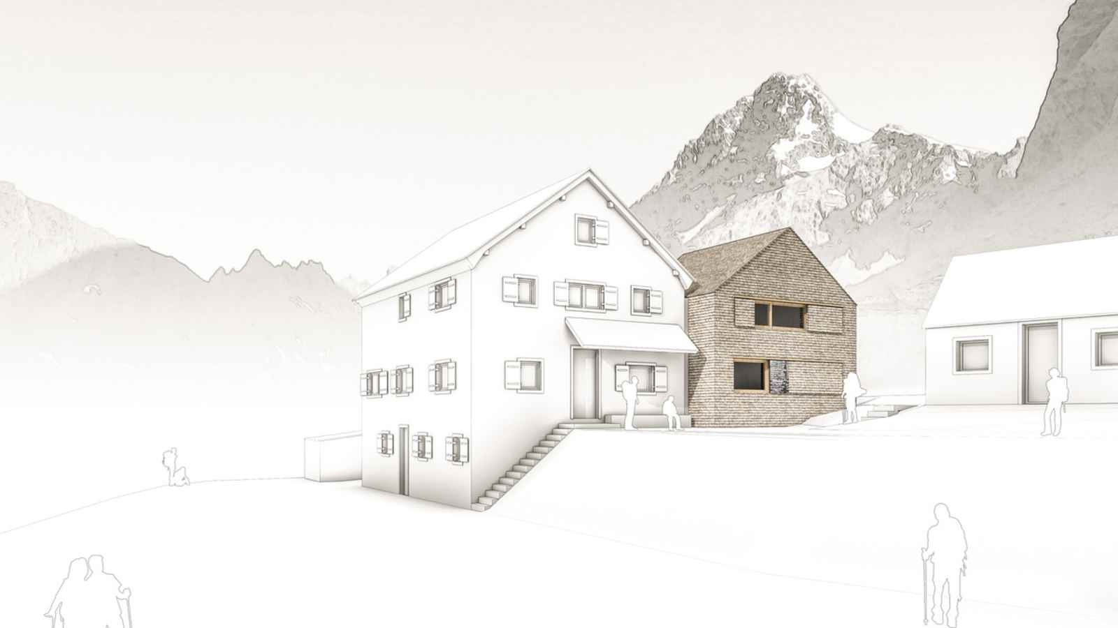 Entwurf der Salmhütte mit Zubau von dreiplus Architekten