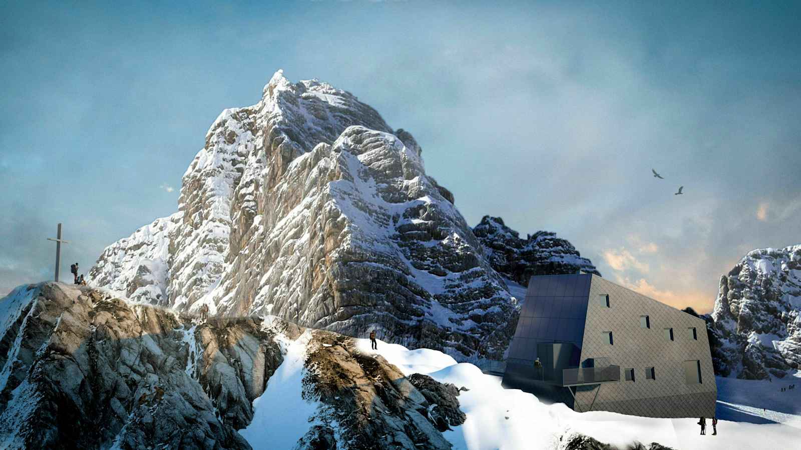 Entwurf von dreiplus Architekten für den Neubau der Seethalerhütte in Oberösterreich