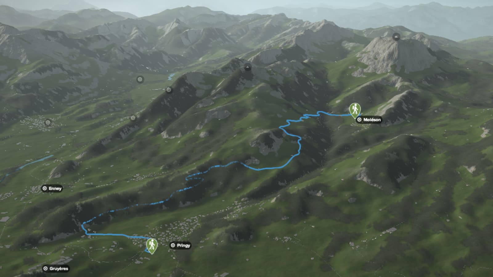 3D-Kartenausschnitt der stadtnahen Wanderung bei Pringy