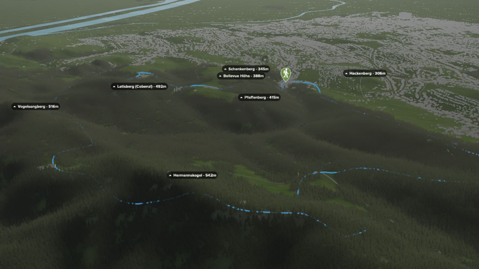 3D-Kartenausschnitt der stadtnahen Wanderung auf den Hermannskogel bei Wien