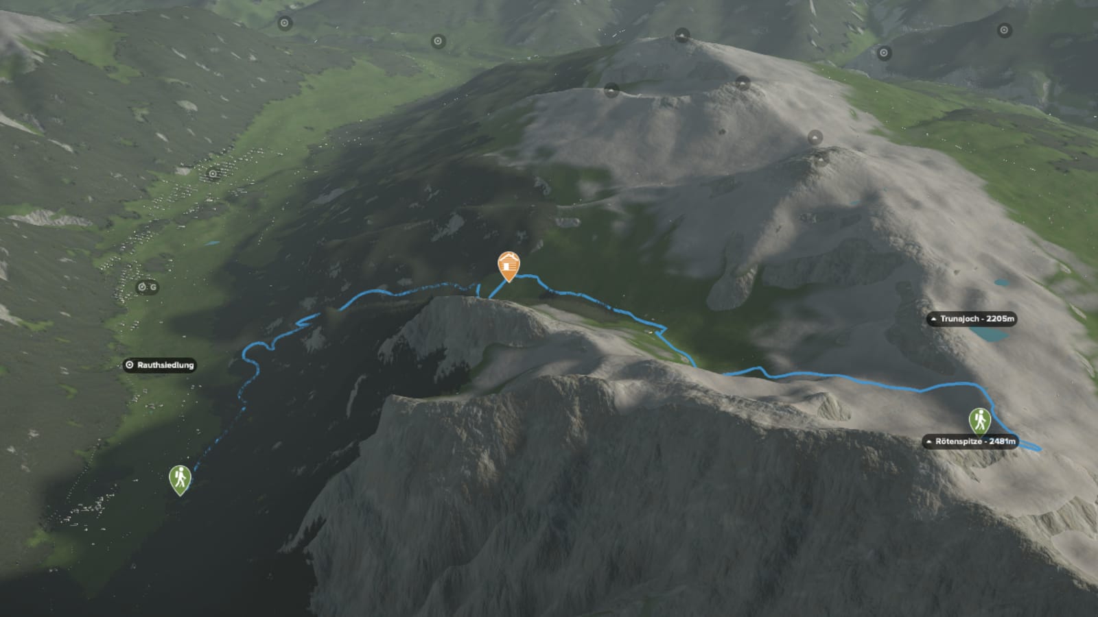 3D-Kartenausschnitt der stadtnahen Tour auf die Rötenspitze (2.481 m)