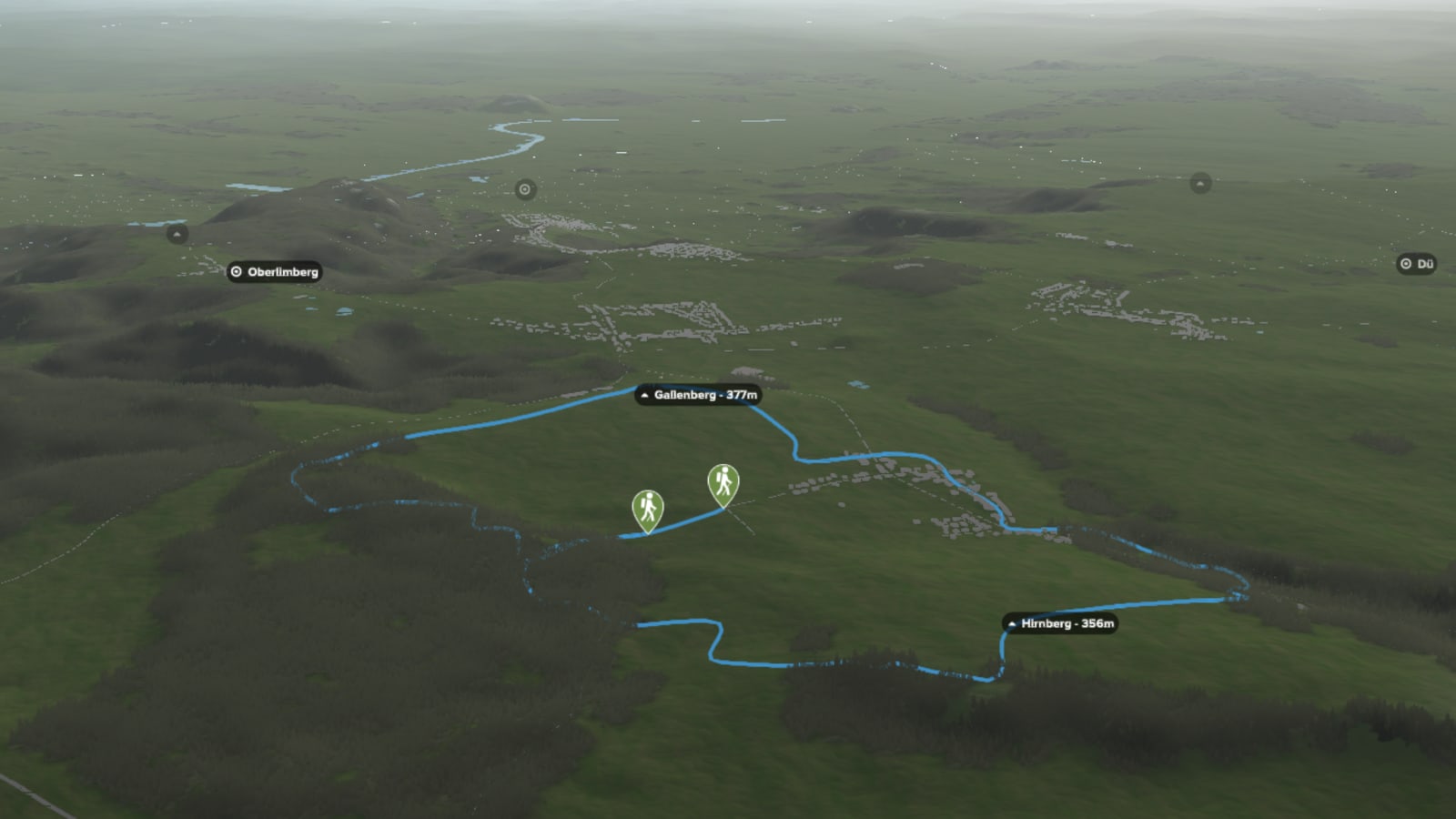 3D-Kartenausschnitt der stadtnahen Wanderung „Traumschleife Hirn- und Gallenberg"