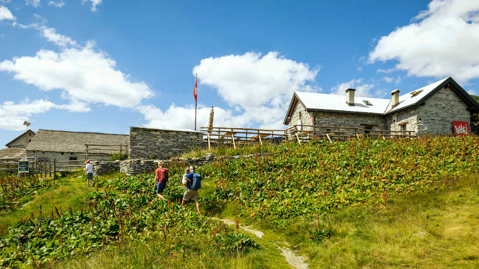 Wanderer erreichen eine kleine Berghütte.