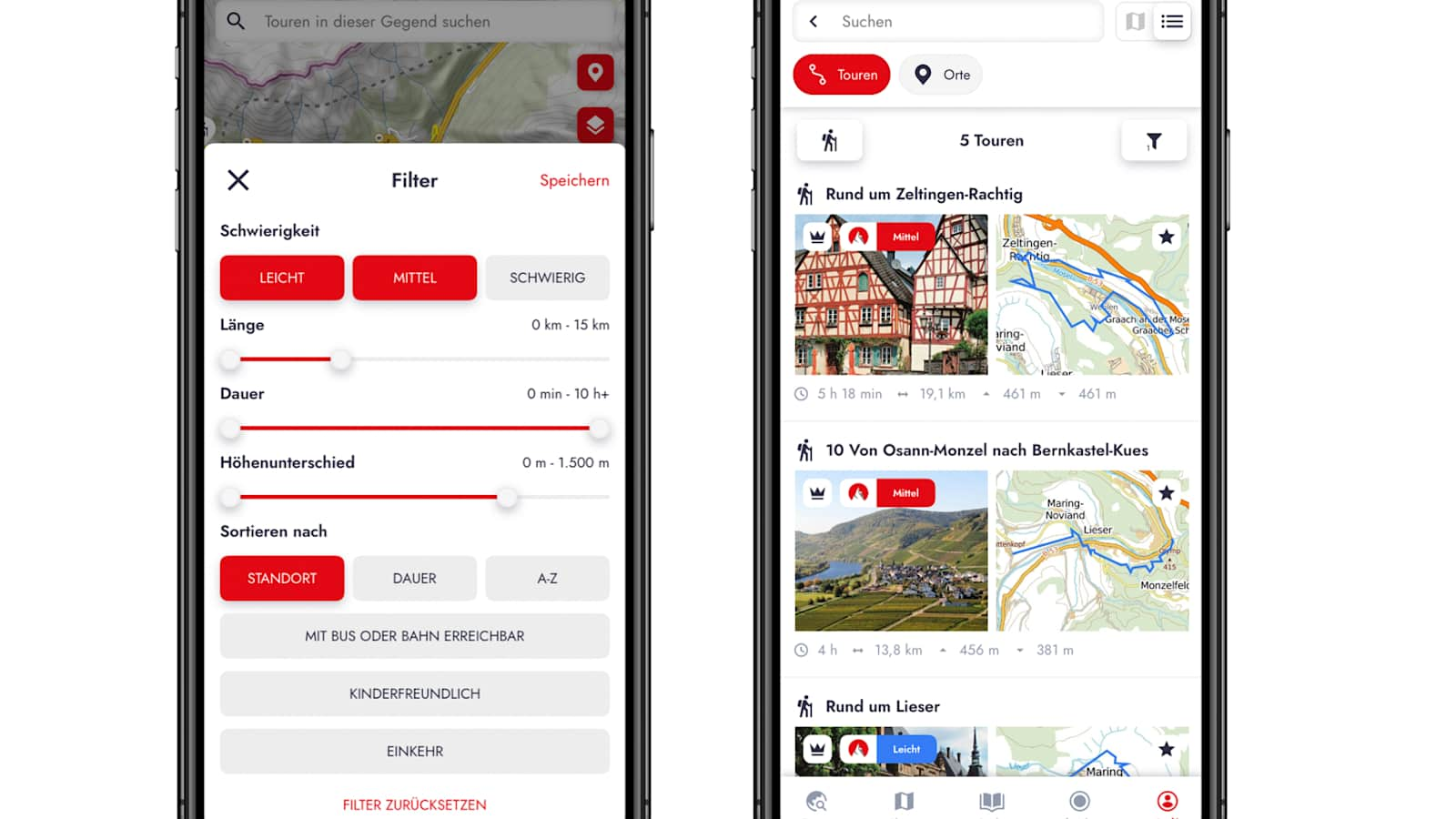 Mit der Rother App können Touren nach z. B. Schwierigkeit und Länge gefiltert werden und individuelle Tourenlisten angelegt werden.