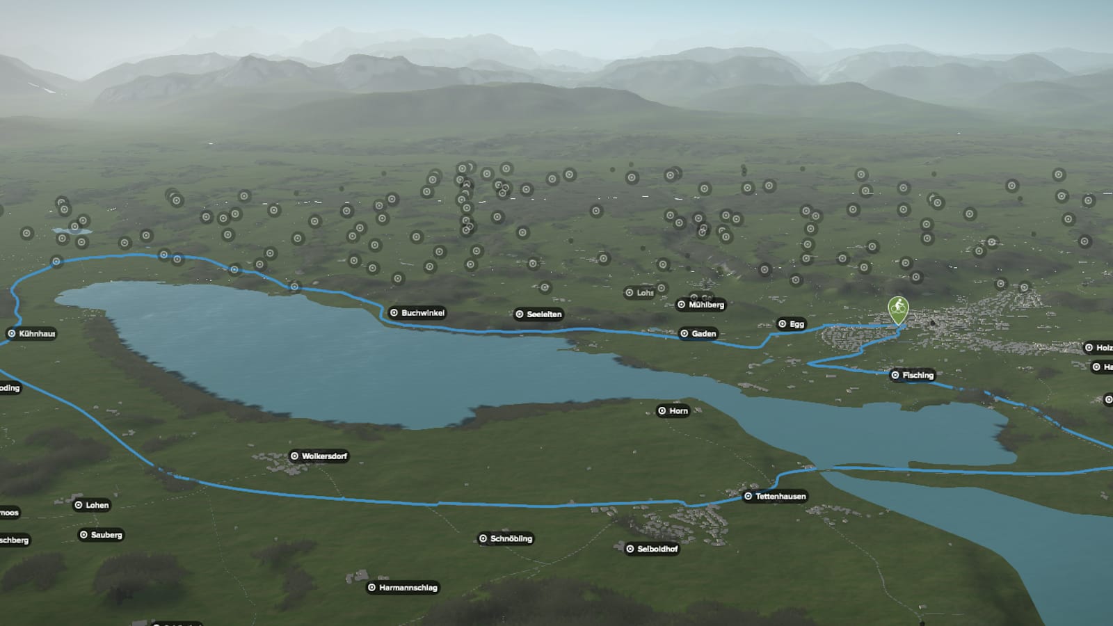 3D-Kartenausschnitt der Mountainbike-Tour rund um den Waginger See